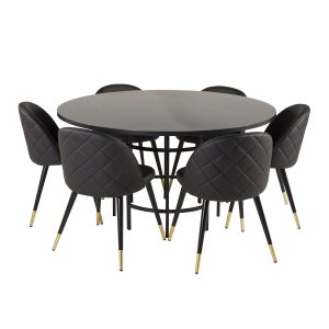 VENTURE DESIGN Copenhagen spisebordsett, m. 6 stoler - sort fin�r/svart metall og sort PU/svart metall