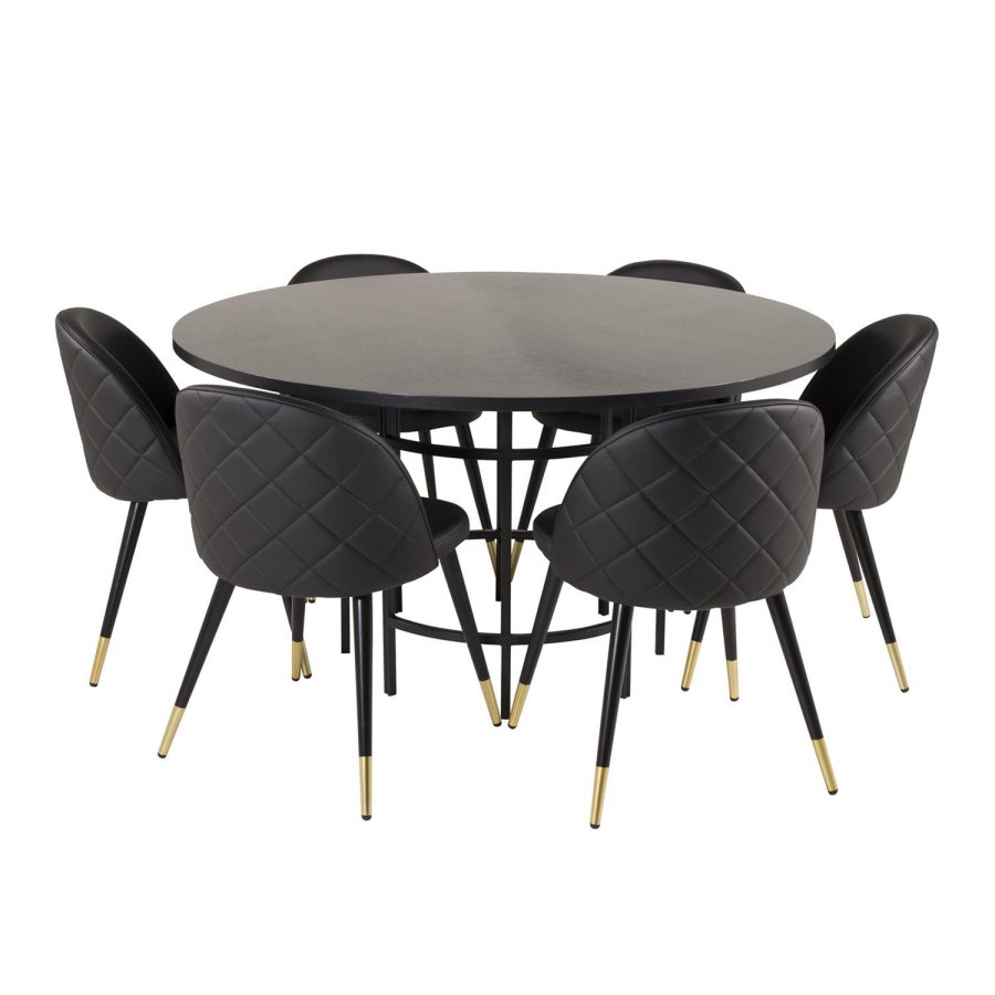 VENTURE DESIGN Copenhagen spisebordsett, m. 6 stoler - sort fin�r/svart metall og sort PU/svart metall