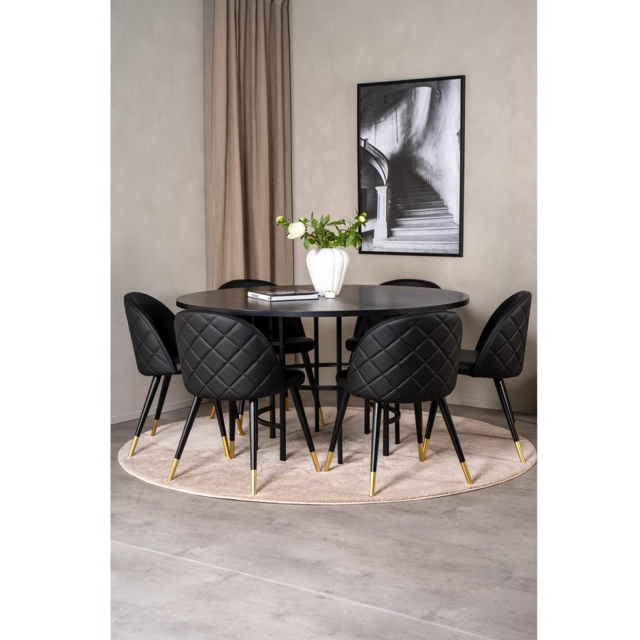 VENTURE DESIGN Copenhagen spisebordsett, m. 6 stoler - sort fin�r/svart metall og sort PU/svart metall