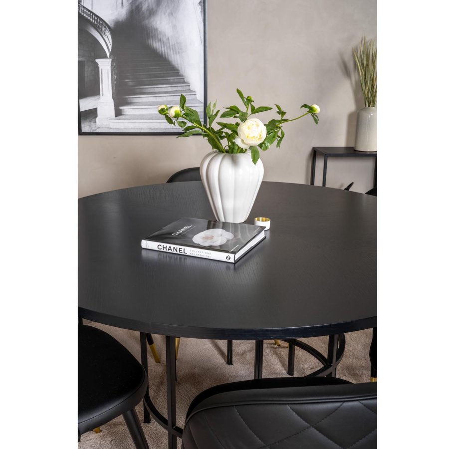 VENTURE DESIGN Copenhagen spisebordsett, m. 6 stoler - sort fin�r/svart metall og sort PU/svart metall