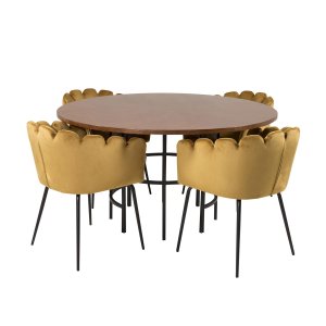 VENTURE DESIGN Copenhagen Matbordsset, med 4 Stolar - Brun Fanér / Svart Metall och Gul Sammet / Svart Metall