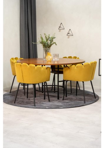 VENTURE DESIGN Copenhagen spisebordssæt, m. 4 stole - brun finer/sort metal og gul fløjl/sort metal