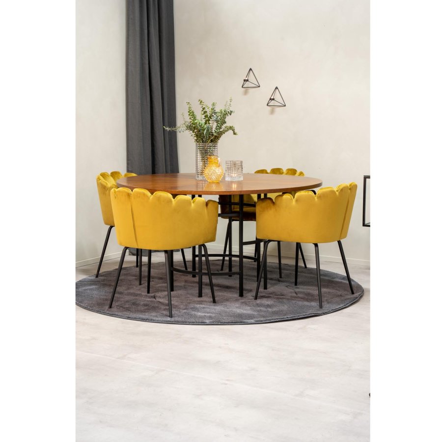 VENTURE DESIGN Copenhagen spisebordssæt, m. 4 stole - brun finer/sort metal og gul fløjl/sort metal