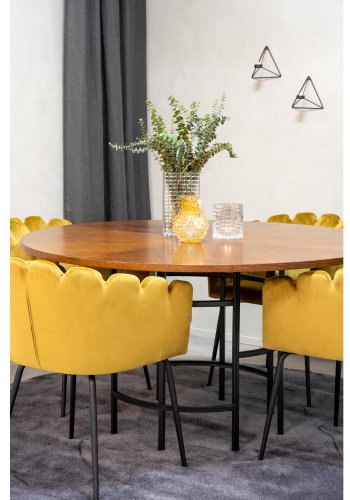 VENTURE DESIGN Copenhagen spisebordssæt, m. 4 stole - brun finer/sort metal og gul fløjl/sort metal