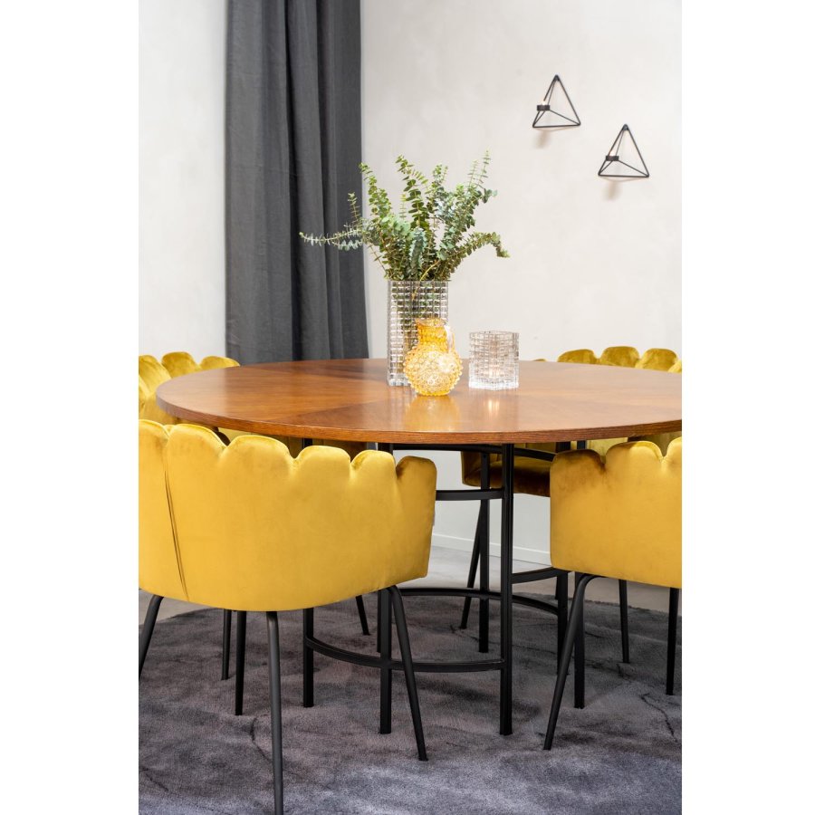 VENTURE DESIGN Copenhagen spisebordssæt, m. 4 stole - brun finer/sort metal og gul fløjl/sort metal