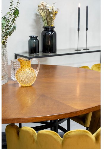 VENTURE DESIGN Copenhagen spisebordssæt, m. 4 stole - brun finer/sort metal og gul fløjl/sort metal