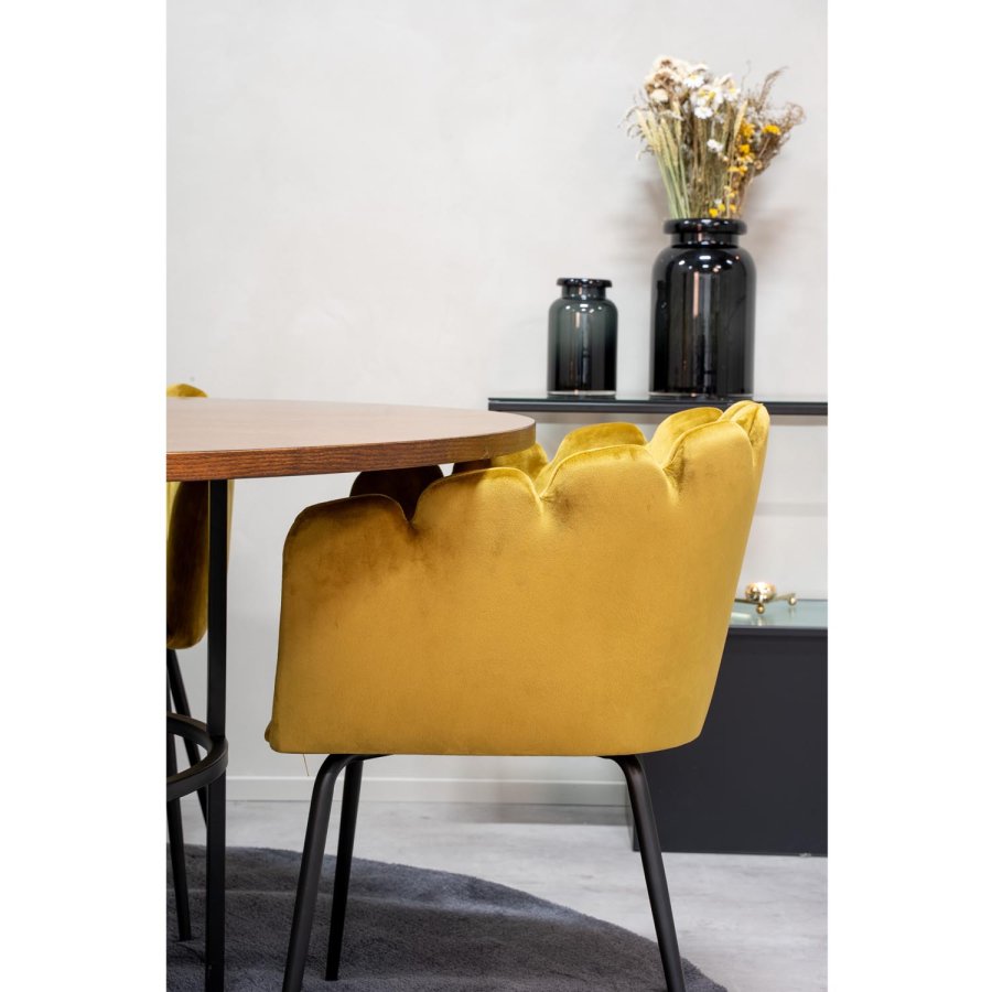 VENTURE DESIGN Copenhagen spisebordssæt, m. 4 stole - brun finer/sort metal og gul fløjl/sort metal