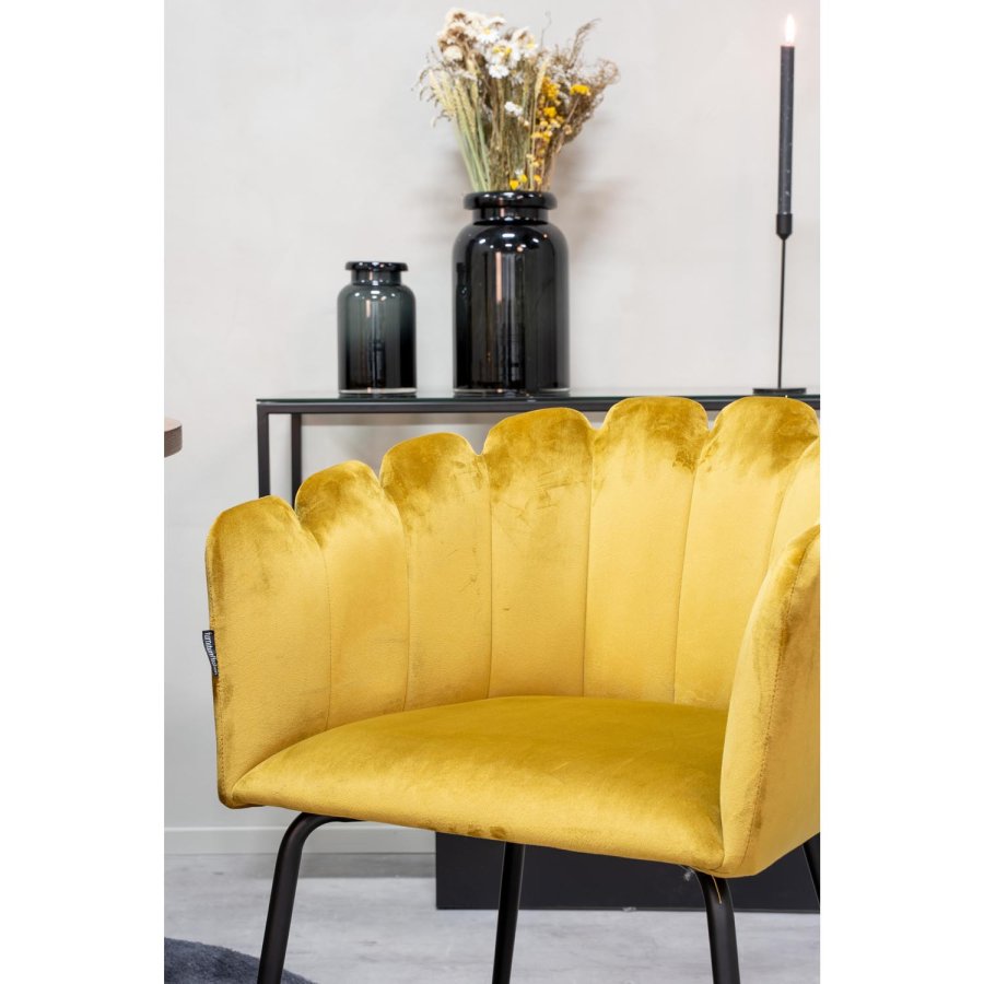 VENTURE DESIGN Copenhagen spisebordssæt, m. 4 stole - brun finer/sort metal og gul fløjl/sort metal