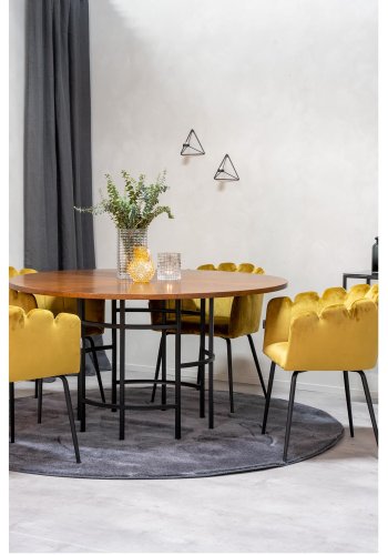 VENTURE DESIGN Copenhagen spisebordssæt, m. 4 stole - brun finer/sort metal og gul fløjl/sort metal