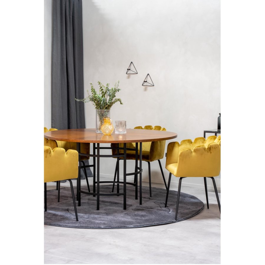 VENTURE DESIGN Copenhagen spisebordssæt, m. 4 stole - brun finer/sort metal og gul fløjl/sort metal