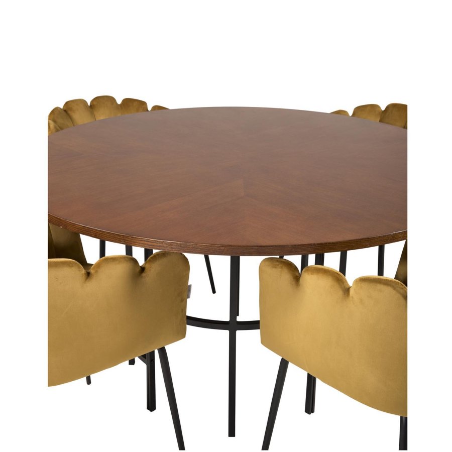 VENTURE DESIGN Copenhagen spisebordssæt, m. 4 stole - brun finer/sort metal og gul fløjl/sort metal
