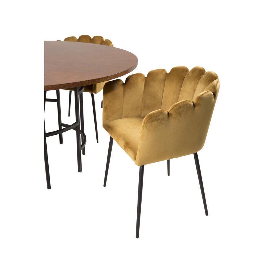 VENTURE DESIGN Copenhagen spisebordssæt, m. 4 stole - brun finer/sort metal og gul fløjl/sort metal