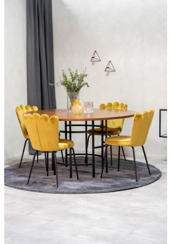 VENTURE DESIGN Copenhagen spisebordsett, m. 4 stoler - brun finer/svart metall og gul flyel/svart metall