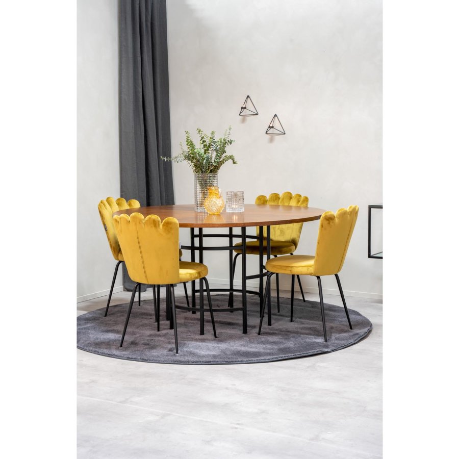 VENTURE DESIGN Copenhagen spisebordsett, m. 4 stoler - brun finer/svart metall og gul flyel/svart metall