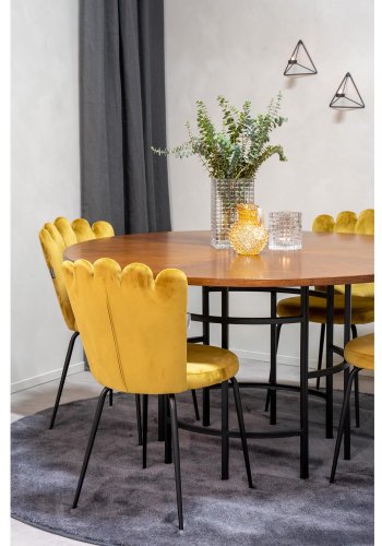VENTURE DESIGN Copenhagen spisebordsett, m. 4 stoler - brun finer/svart metall og gul flyel/svart metall