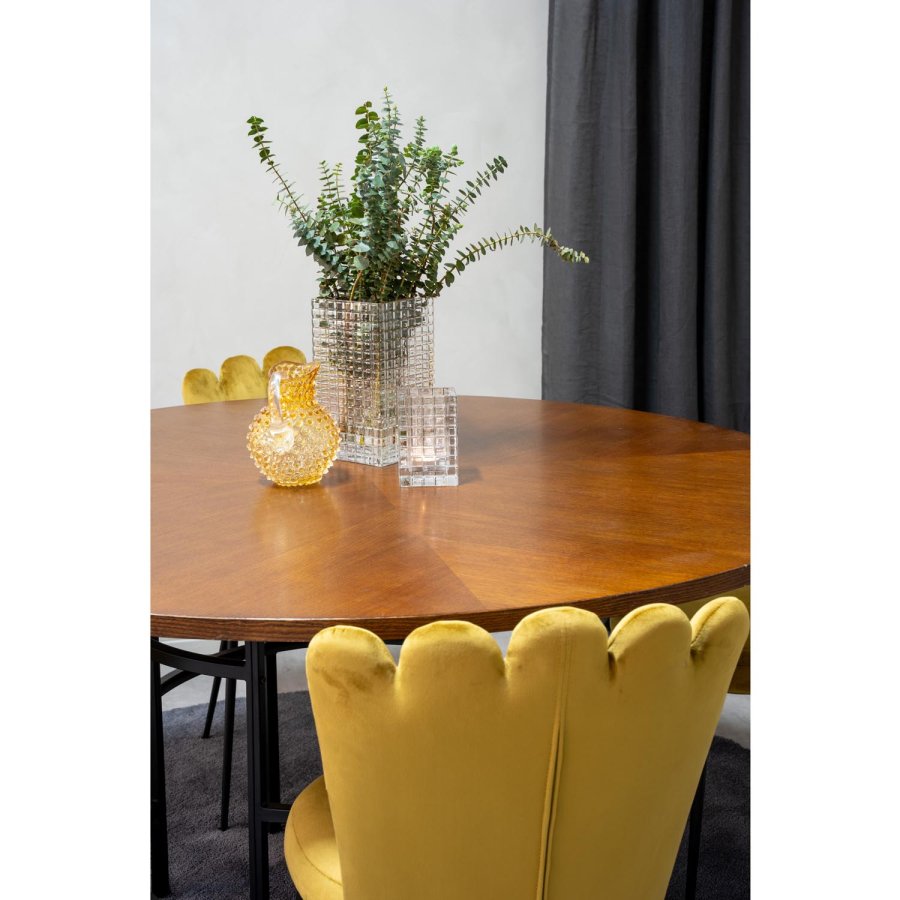 VENTURE DESIGN Copenhagen spisebordsett, m. 4 stoler - brun finer/svart metall og gul flyel/svart metall