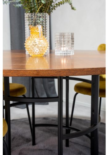 VENTURE DESIGN Copenhagen spisebordsett, m. 4 stoler - brun finer/svart metall og gul flyel/svart metall