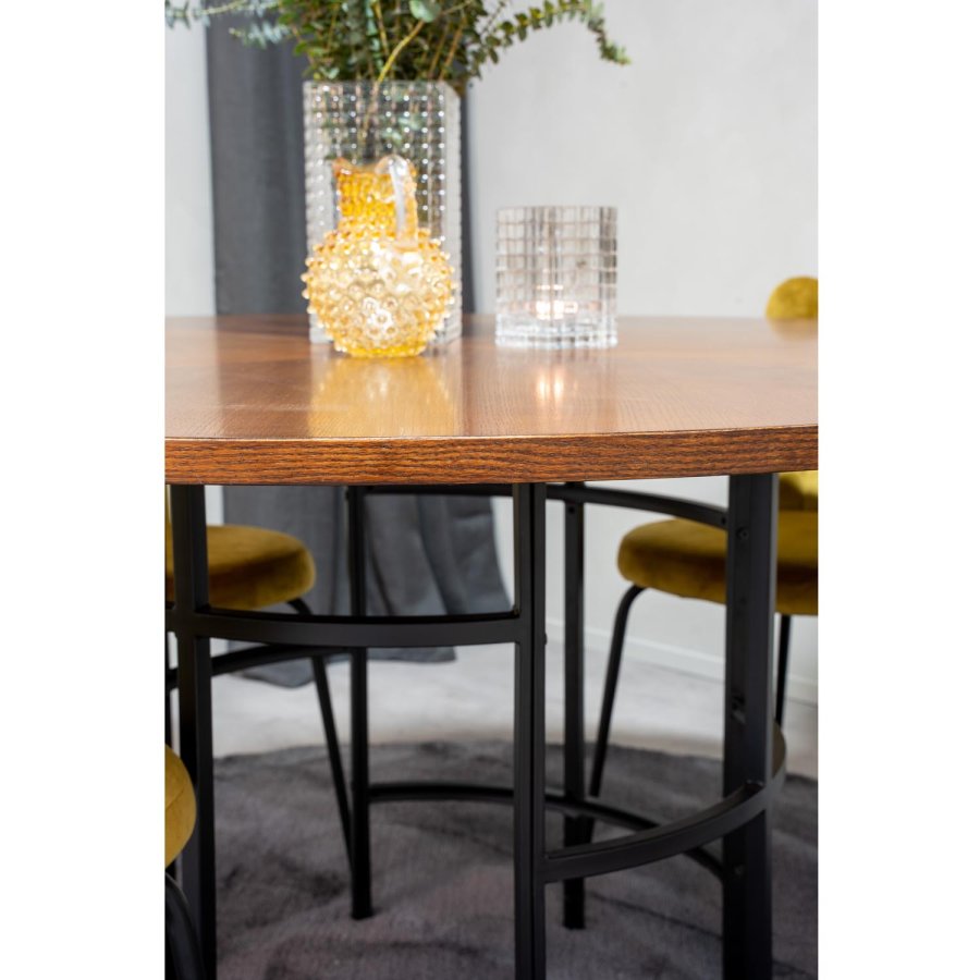 VENTURE DESIGN Copenhagen spisebordsett, m. 4 stoler - brun finer/svart metall og gul flyel/svart metall