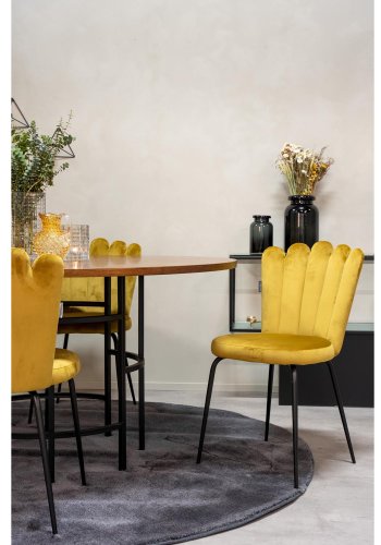 VENTURE DESIGN Copenhagen spisebordsett, m. 4 stoler - brun finer/svart metall og gul flyel/svart metall