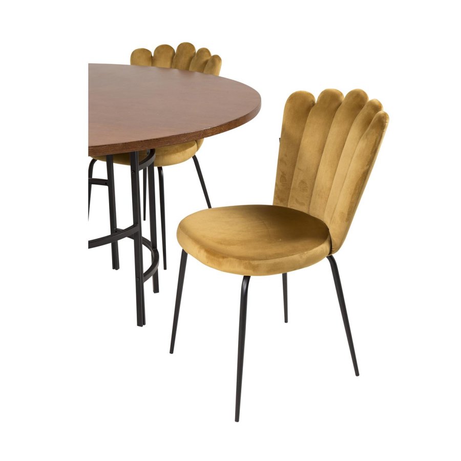 VENTURE DESIGN Copenhagen spisebordsett, m. 4 stoler - brun finer/svart metall og gul flyel/svart metall