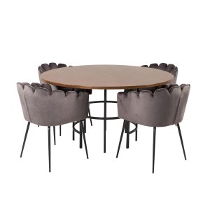 VENTURE DESIGN Copenhagen Matbordsset, med 4 Stolar - Brun Fanér / Svart Metall och Gr Sammet / Svart Metall