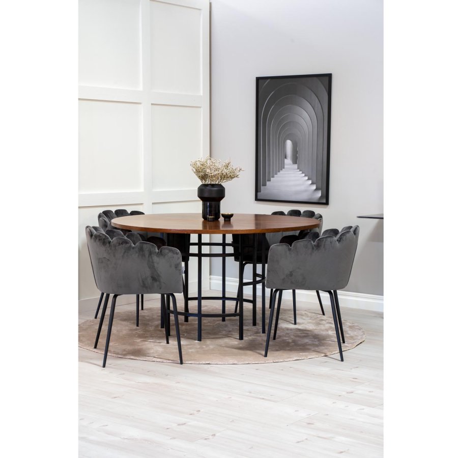 VENTURE DESIGN Copenhagen spisebordsett, m. 4 stoler - brun finer/svart metall og gr flyel/svart metall