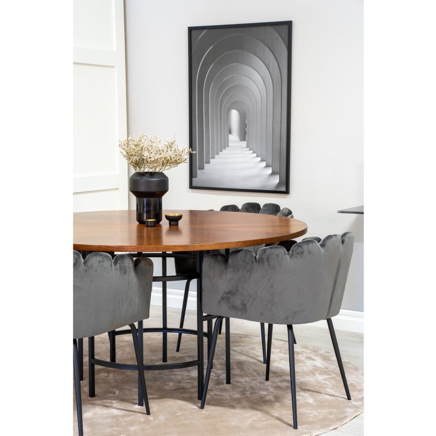 VENTURE DESIGN Copenhagen spisebordsett, m. 4 stoler - brun finer/svart metall og gr flyel/svart metall