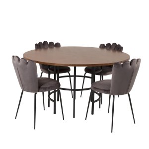 VENTURE DESIGN Copenhagen Matbordsset, med 4 Stolar - Brun Fanér / Svart Metall och Gr Sammet / Svart Metall