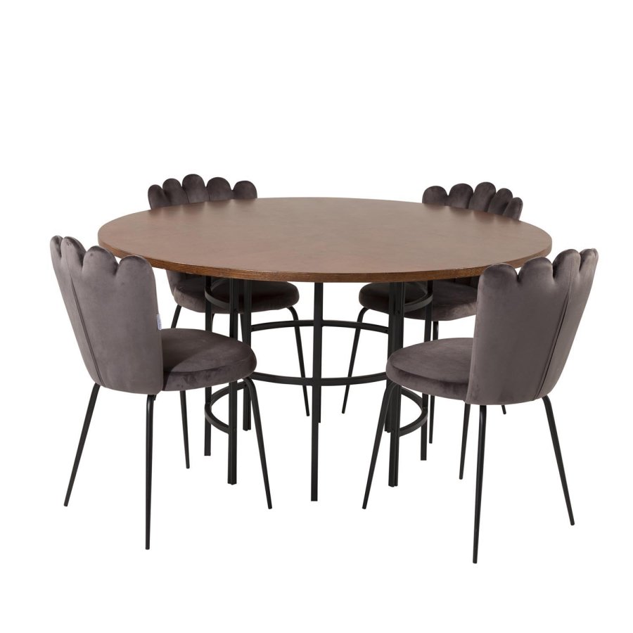 VENTURE DESIGN Copenhagen spisebordsett, m. 4 stoler - brun finer/svart metall og gr flyel/svart metall