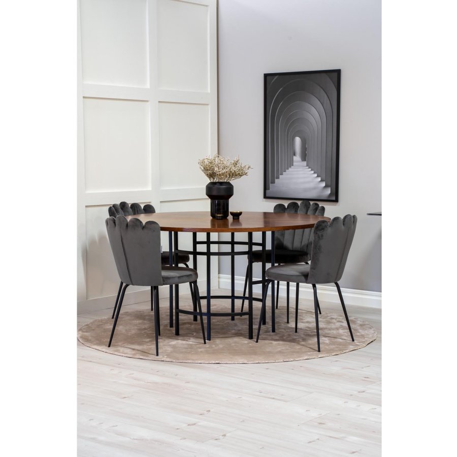 VENTURE DESIGN Copenhagen spisebordsett, m. 4 stoler - brun finer/svart metall og gr flyel/svart metall