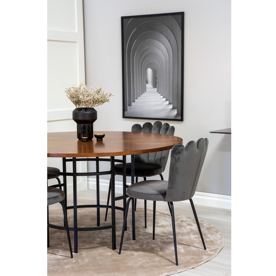 VENTURE DESIGN Copenhagen spisebordsett, m. 4 stoler - brun finer/svart metall og gr flyel/svart metall