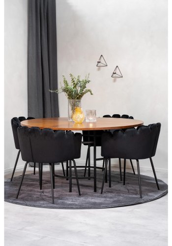 VENTURE DESIGN Copenhagen Esstisch-Set mit 4 Stühlen – braunes Furnier/schwarzes Metall und schwarzer Samt/schwarzes Metall