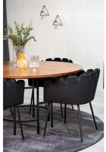 VENTURE DESIGN Copenhagen Esstisch-Set mit 4 Stühlen – braunes Furnier/schwarzes Metall und schwarzer Samt/schwarzes Metall