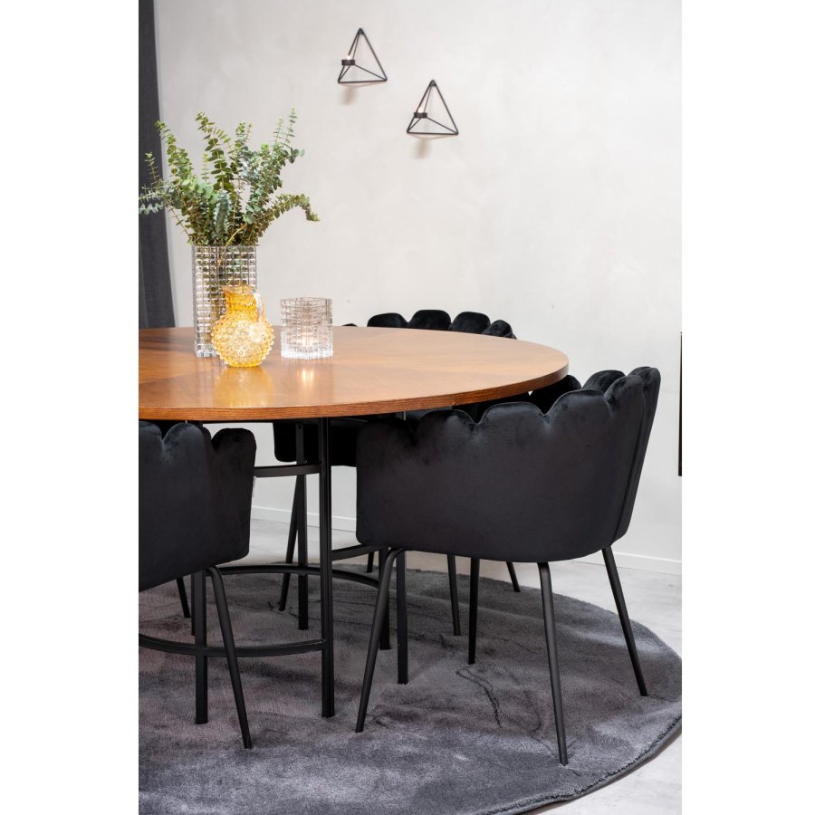 VENTURE DESIGN Copenhagen Esstisch-Set mit 4 Stühlen – braunes Furnier/schwarzes Metall und schwarzer Samt/schwarzes Metall