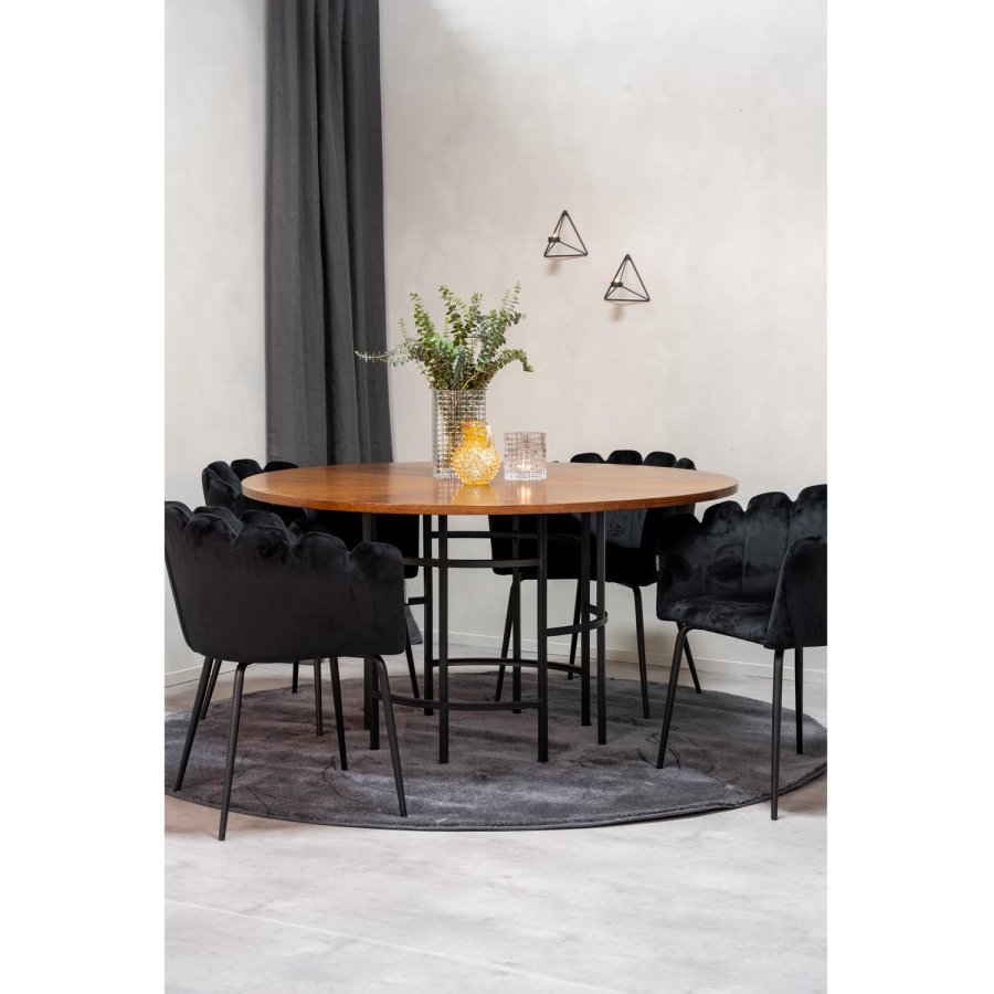 VENTURE DESIGN Copenhagen Esstisch-Set mit 4 Stühlen – braunes Furnier/schwarzes Metall und schwarzer Samt/schwarzes Metall