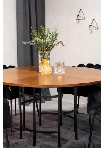 VENTURE DESIGN Copenhagen Esstisch-Set mit 4 Stühlen – braunes Furnier/schwarzes Metall und schwarzer Samt/schwarzes Metall