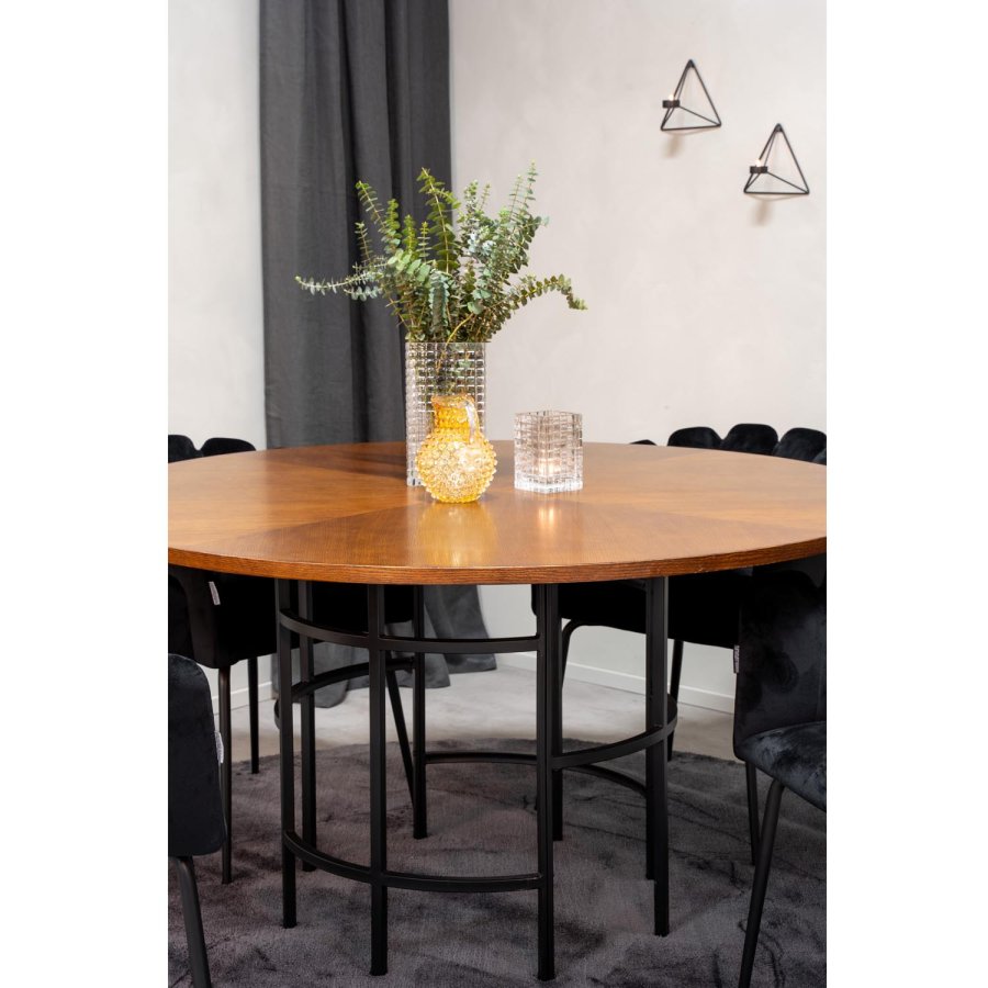 VENTURE DESIGN Copenhagen Esstisch-Set mit 4 Stühlen – braunes Furnier/schwarzes Metall und schwarzer Samt/schwarzes Metall