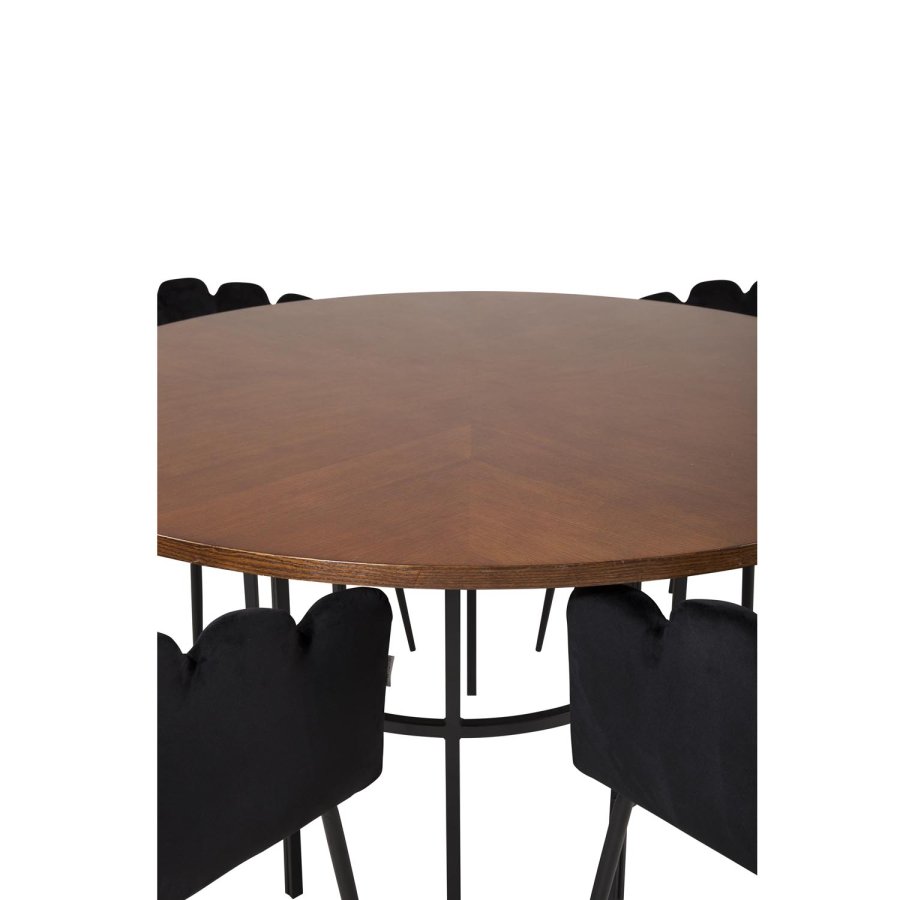 VENTURE DESIGN Copenhagen Esstisch-Set mit 4 Stühlen – braunes Furnier/schwarzes Metall und schwarzer Samt/schwarzes Metall