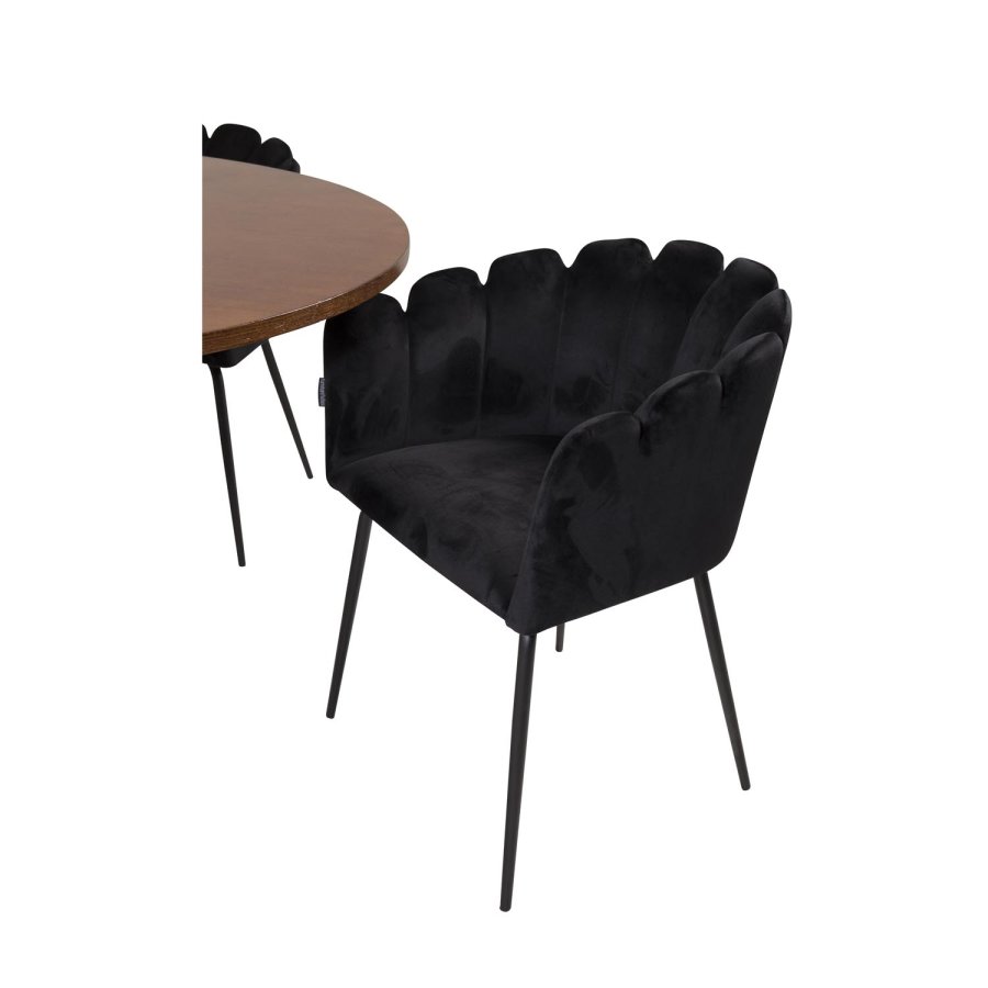 VENTURE DESIGN Copenhagen Esstisch-Set mit 4 Stühlen – braunes Furnier/schwarzes Metall und schwarzer Samt/schwarzes Metall