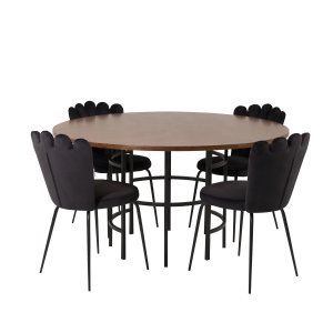 VENTURE DESIGN Copenhagen Matbordsset, med 4 Stolar - Brun Fanér / Svart Metall och Svart Sammet / Svart Metall