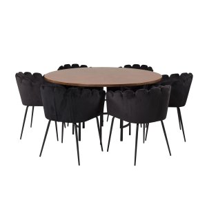 VENTURE DESIGN Copenhagen Matbordsset, med 4 Stolar - Brun Fanér / Svart Metall och Svart Sammet / Svart Metall