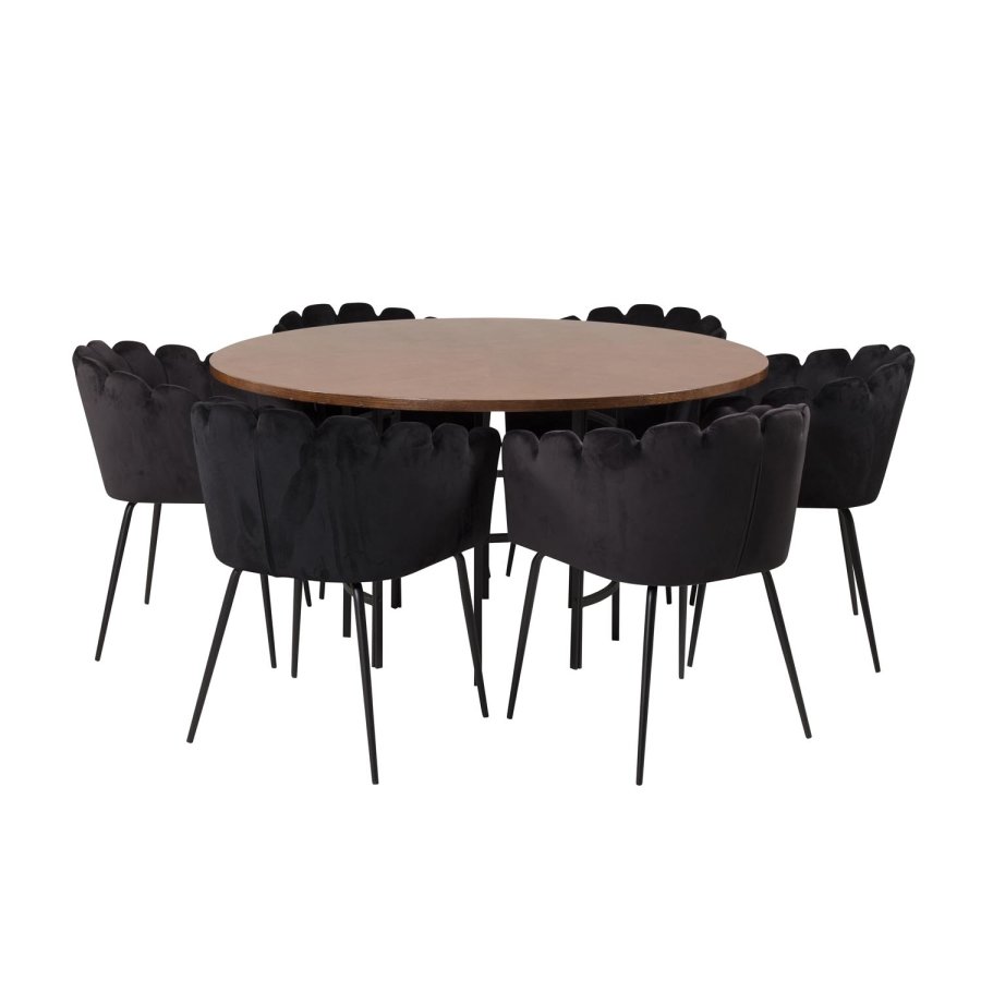 VENTURE DESIGN Copenhagen Esstisch-Set mit 4 Stühlen – braunes Furnier/schwarzes Metall und schwarzer Samt/schwarzes Metall