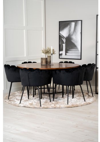 VENTURE DESIGN Copenhagen Esstisch-Set mit 4 Stühlen – braunes Furnier/schwarzes Metall und schwarzer Samt/schwarzes Metall