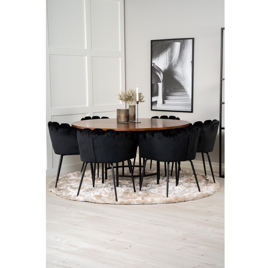 VENTURE DESIGN Copenhagen Esstisch-Set mit 4 Stühlen – braunes Furnier/schwarzes Metall und schwarzer Samt/schwarzes Metall