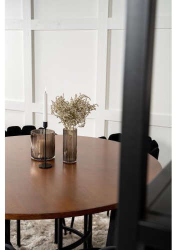 VENTURE DESIGN Copenhagen Esstisch-Set mit 4 Stühlen – braunes Furnier/schwarzes Metall und schwarzer Samt/schwarzes Metall