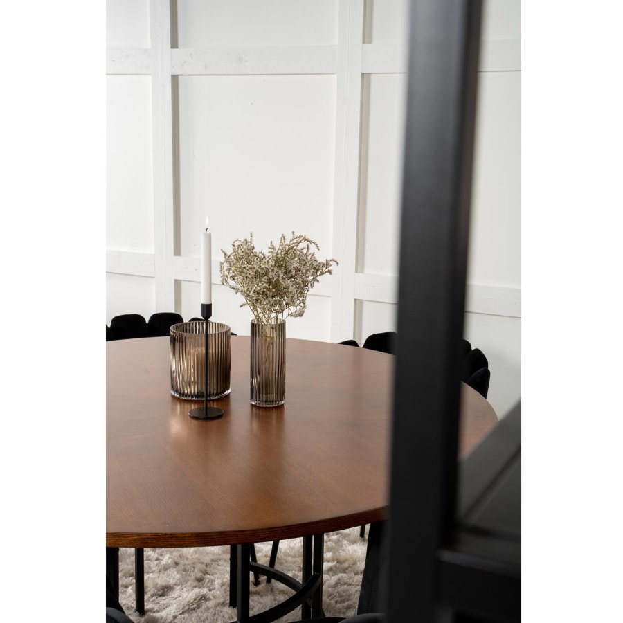 VENTURE DESIGN Copenhagen Esstisch-Set mit 4 Stühlen – braunes Furnier/schwarzes Metall und schwarzer Samt/schwarzes Metall