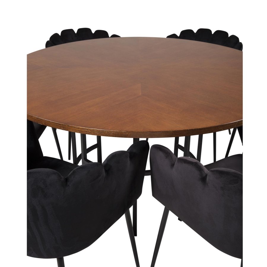 VENTURE DESIGN Copenhagen Esstisch-Set mit 4 Stühlen – braunes Furnier/schwarzes Metall und schwarzer Samt/schwarzes Metall