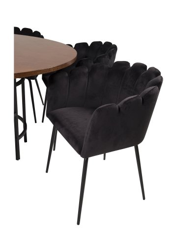 VENTURE DESIGN Copenhagen Esstisch-Set mit 4 Stühlen – braunes Furnier/schwarzes Metall und schwarzer Samt/schwarzes Metall