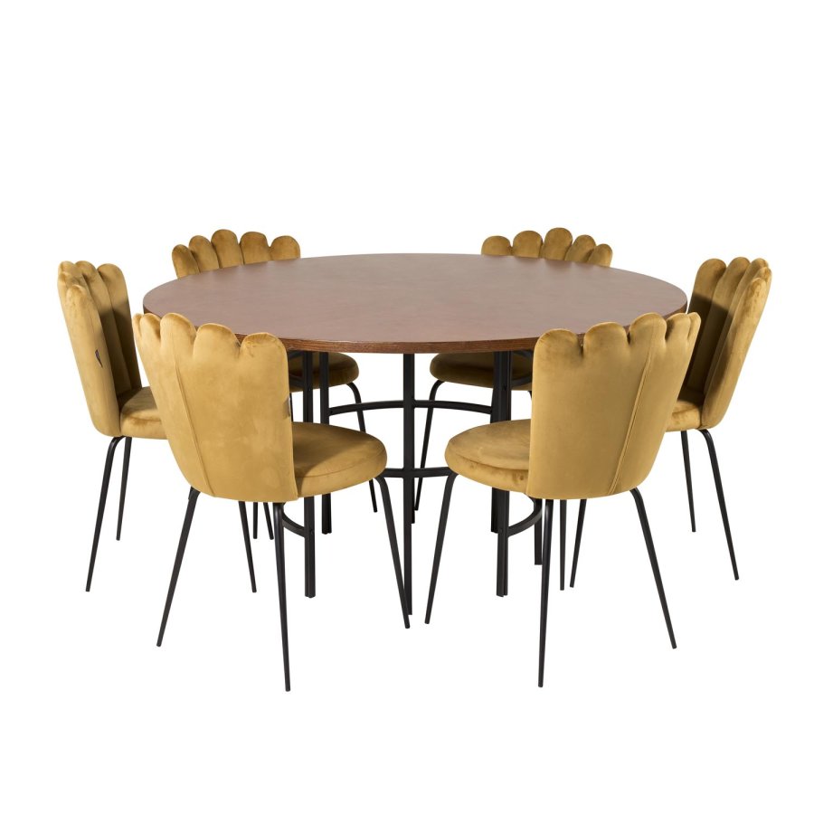VENTURE DESIGN Copenhagen spisebordsett, m. 4 stoler - brun finer/svart metall og gul flyel/svart metall