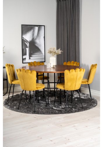 VENTURE DESIGN Copenhagen spisebordsett, m. 4 stoler - brun finer/svart metall og gul flyel/svart metall
